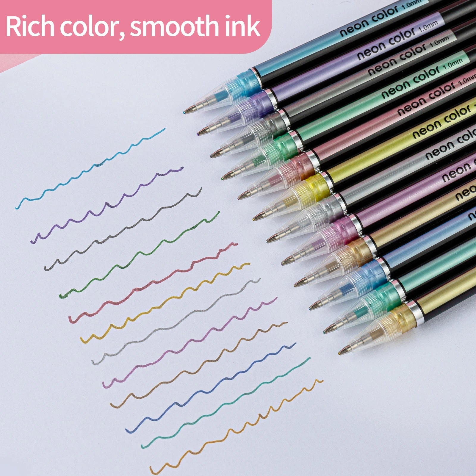 12-Piece Neon Colour Glitter & Neon Colour Metal Gel Pen Set 1.0mm