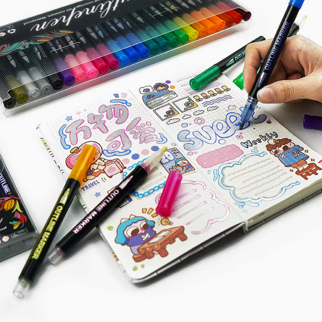 12 Colors Double Outline Glitter Marker Pens Set