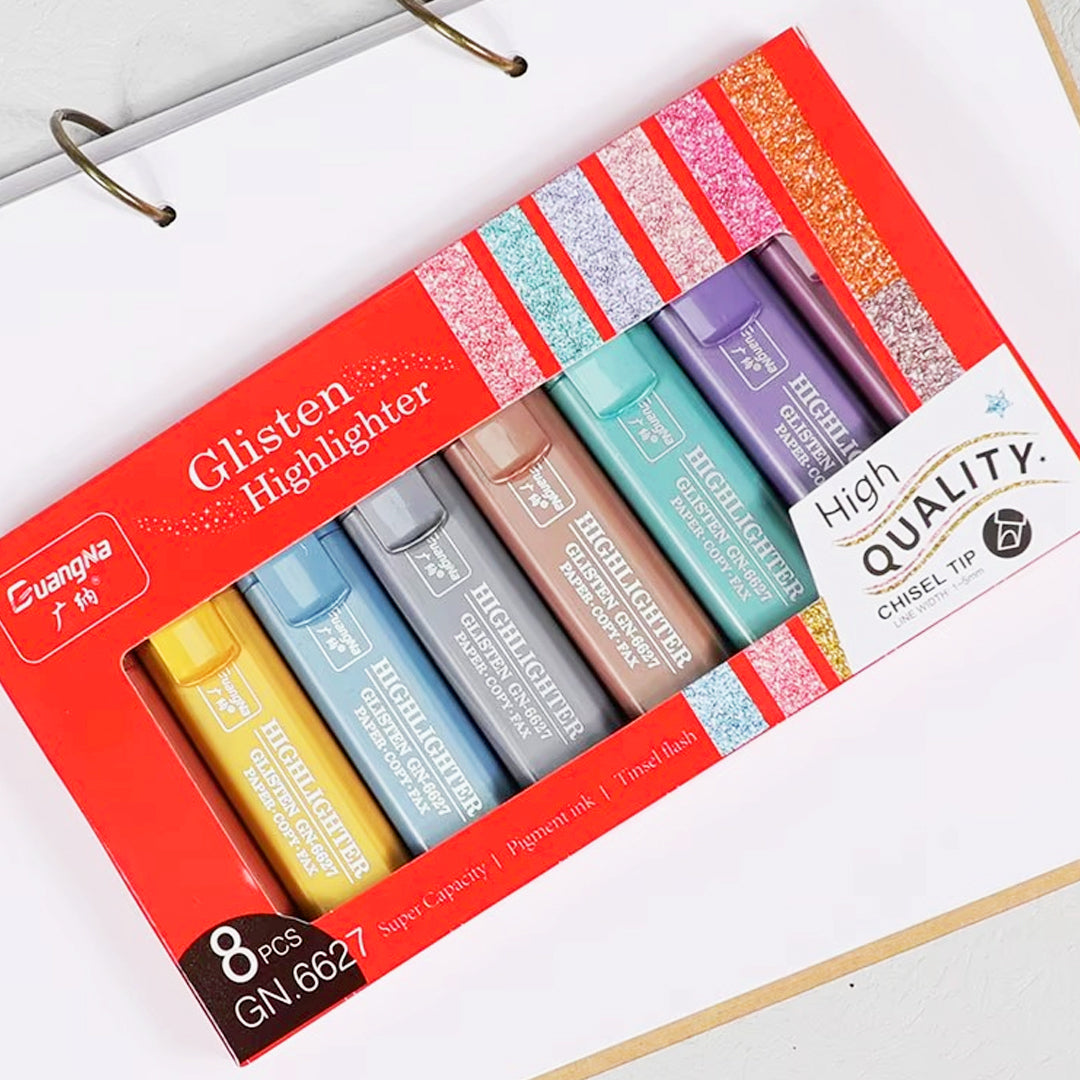 8-Color Pastel Metallic Glitter Highlighter Marker Pen Set