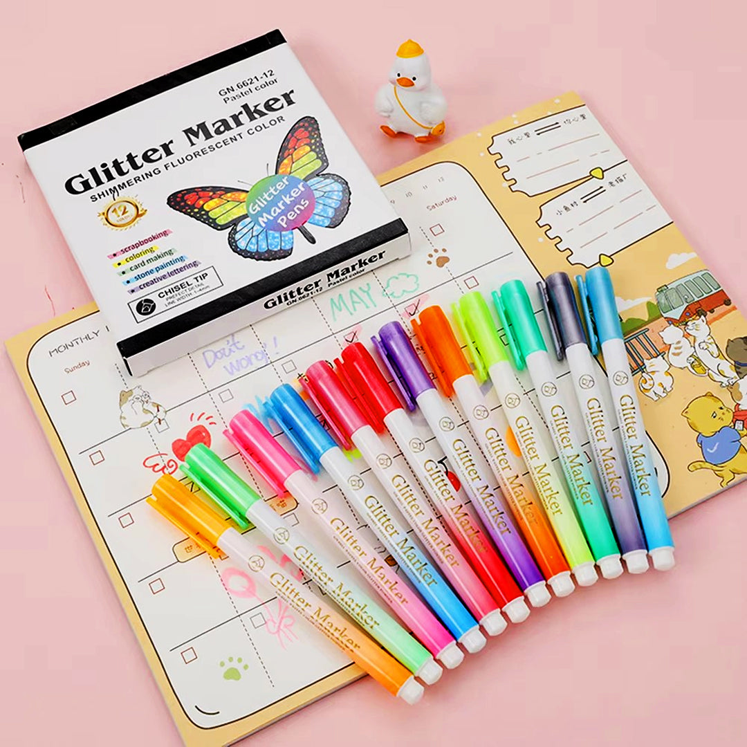 12 Painting Color Glitter Permanent Highlighter Marker Pen Set