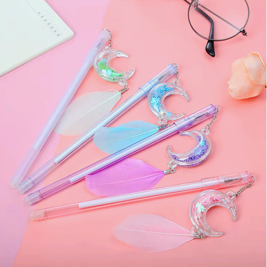 Glitter Feather Moon Pendant Gel Pen