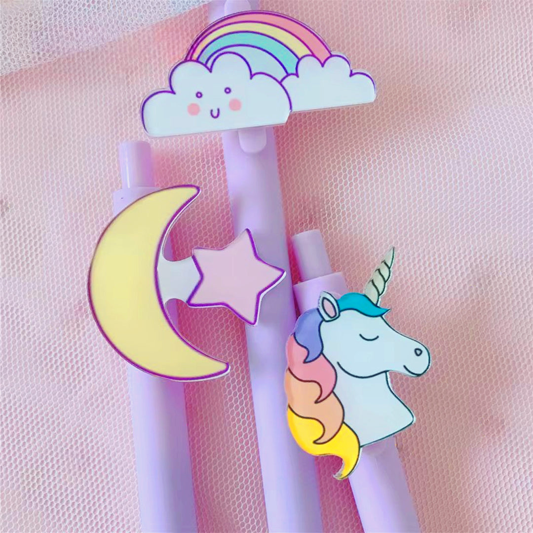 Delightful Gel Pen featuring; Crescent Moon, Cheerful Rainbow, Enchanting Unicorn and Gold Crown