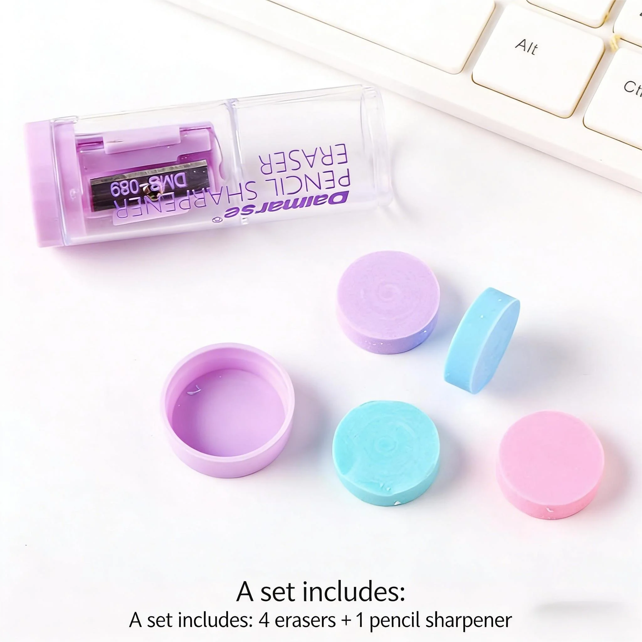 Multifunctional Pencil Sharpener with 3D Rubber Erasers