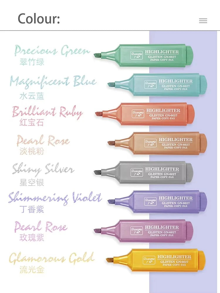 8-Color Pastel Metallic Glitter Highlighter Marker Pen Set